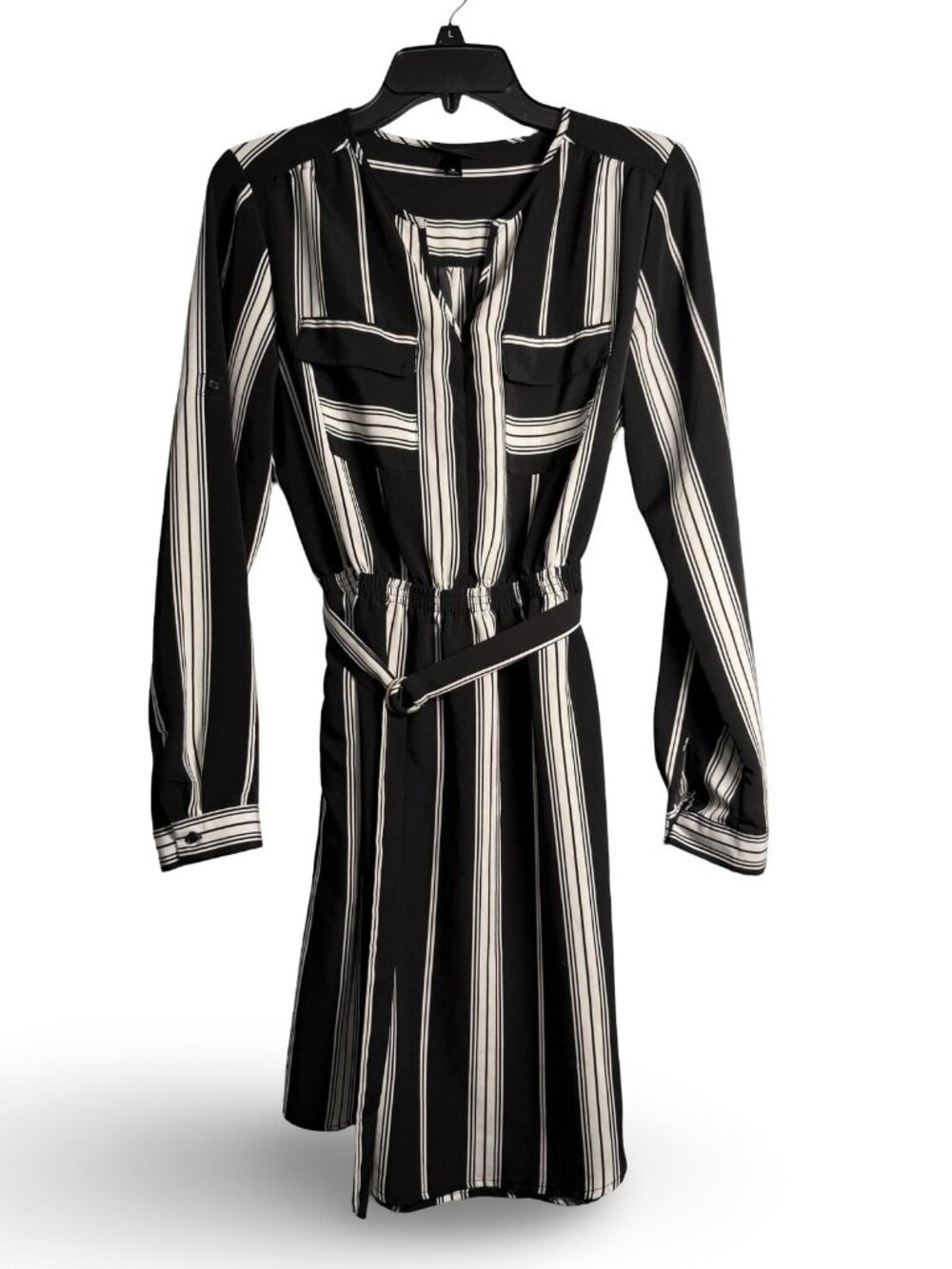 Mossimo Striped Henley Shirt Dress Womens S Black White Belted Long Sleeve Mini